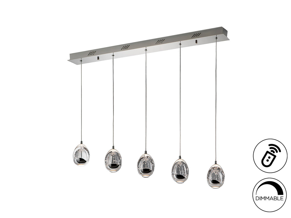 Lustră suspendată Schuller Rocío Liniară 5L cu cinci picături din sticlă solidă pe bar orizontal cromat — 96 cm, dimmable.