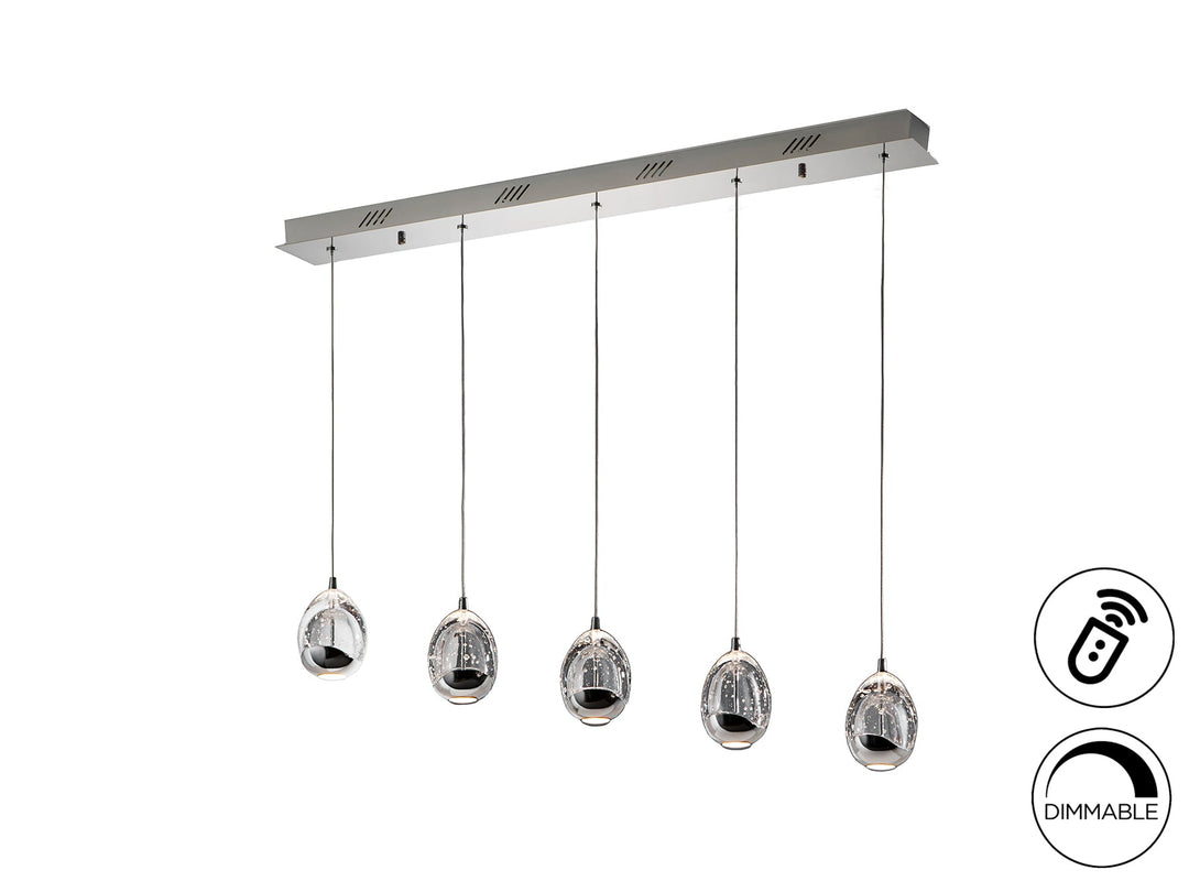 Lustră suspendată Schuller Rocío Liniară 5L cu cinci picături din sticlă solidă pe bar orizontal cromat — 96 cm, dimmable.
