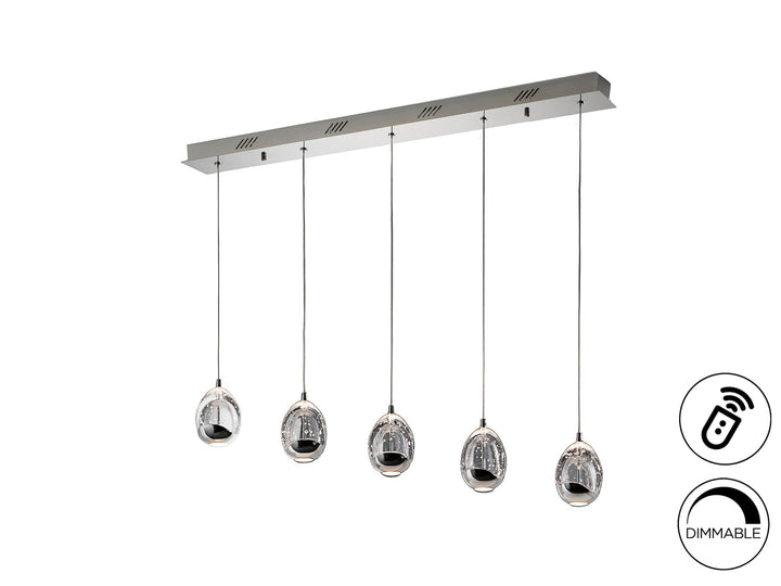Lustră suspendată Schuller Rocío Liniară 5L cu cinci picături din sticlă solidă pe bar orizontal cromat — 96 cm, dimmable.