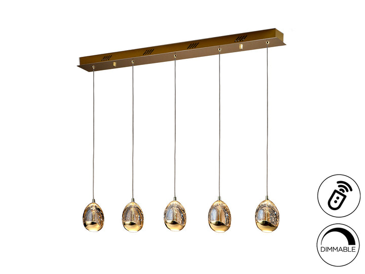 Lustră suspendată Schuller Rocío Liniară 5L cu cinci picături din sticlă șampanie pe bar orizontal auriu — 96 cm, dimmable.