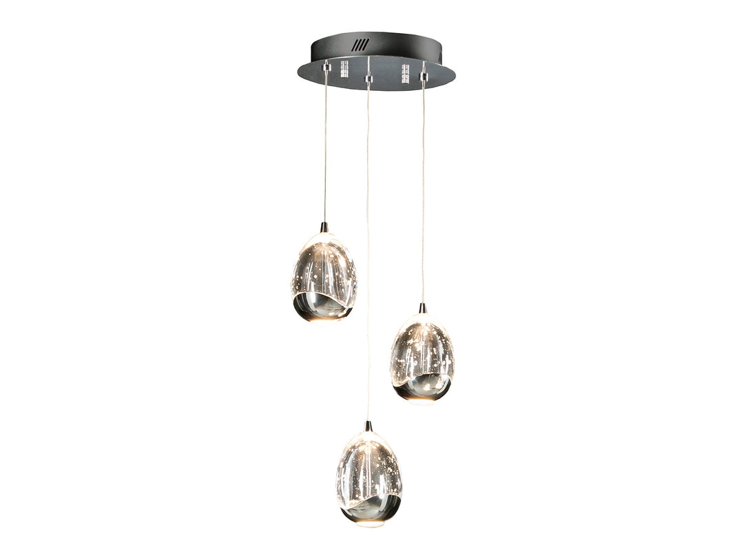 Lustră suspendată Schuller Rocío 3L cu trei picături din sticlă solidă cu bule decorative — suspensie cromată, 75 cm înălțime.