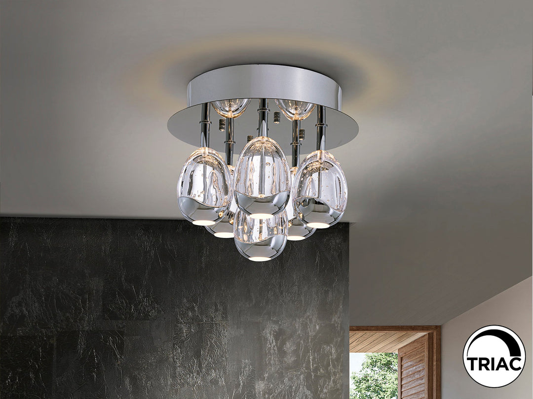 Plafonieră Schuller Rocío 6L cu șase picături din sticlă solidă cu bule decorative aliniate în interior — finisaj cromat.
