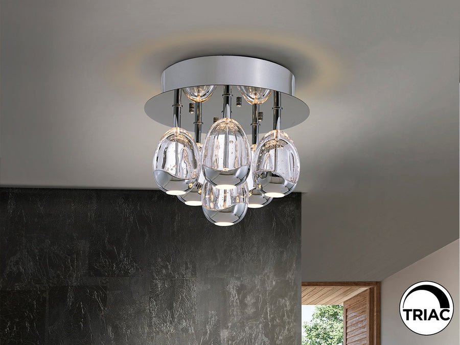 Plafonieră Schuller Rocío 6L cu șase picături din sticlă solidă cu bule decorative aliniate în interior — finisaj cromat.