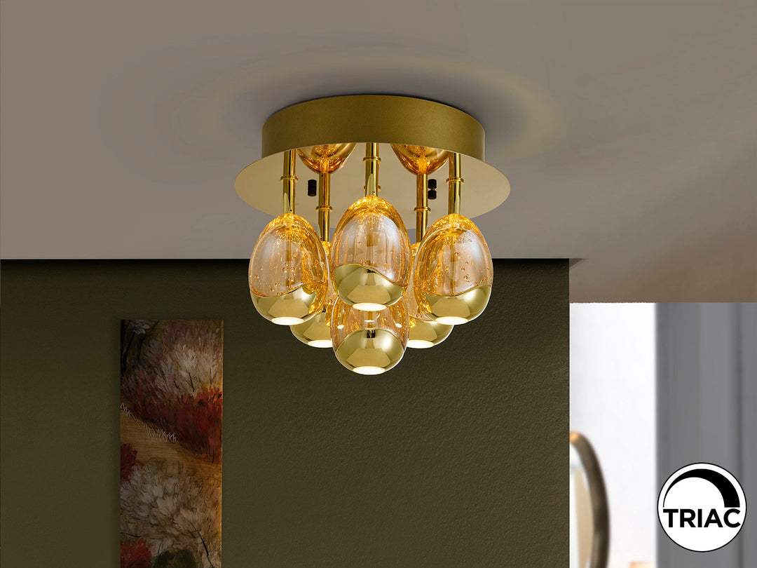 Plafonieră Schuller Rocío 6L cu șase picături din sticlă solidă în nuanță șampanie cu bule decorative — finisaj auriu.