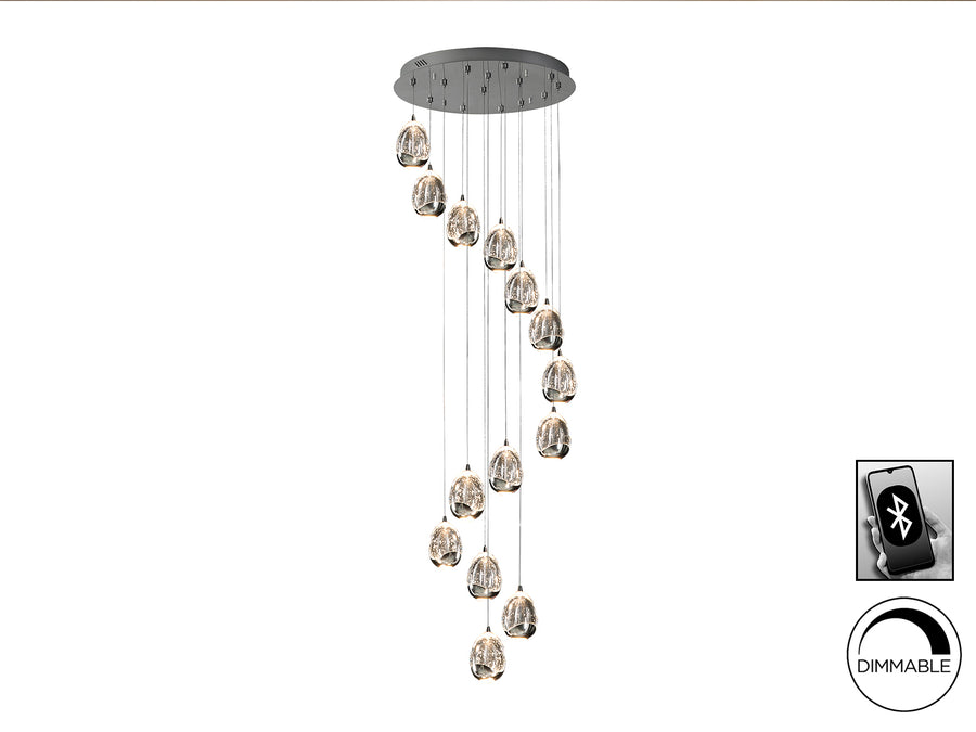 Lustră suspendată Schuller Rocío Mare 14L cu paisprezece picături din sticlă solidă cu bule decorative — cascadă verticală cromată de 170 cm.