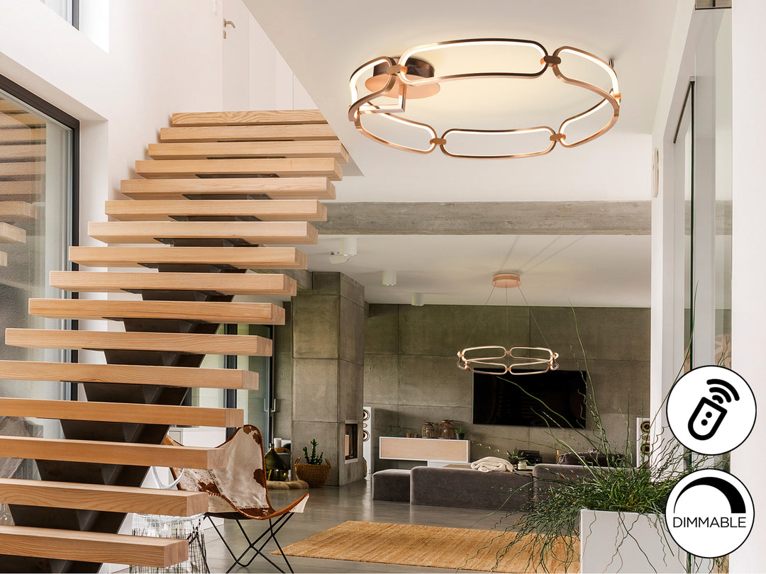 Plafonieră Schuller Colette LED Ø80 cu disc orizontal amplu pe plafon în finisaj rose gold periat — dimmable cu telecomandă și aplicație.