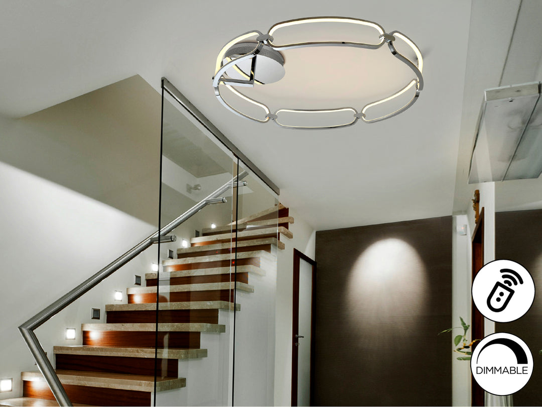 Plafonieră Schuller Colette LED Ø80 cu disc orizontal amplu pe plafon în finisaj cromat — dimmable cu telecomandă și aplicație.