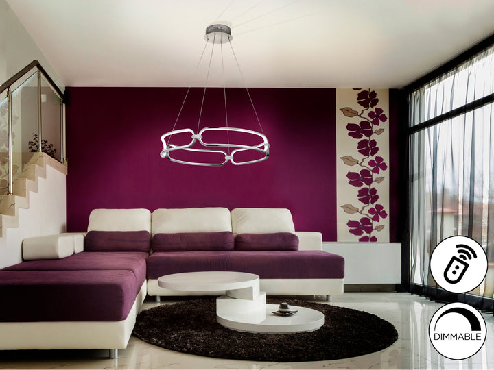 Lustră suspendată Schuller Colette LED Ø60 cu disc orizontal amplu în finisaj cromat — dimmable cu telecomandă inclusă.