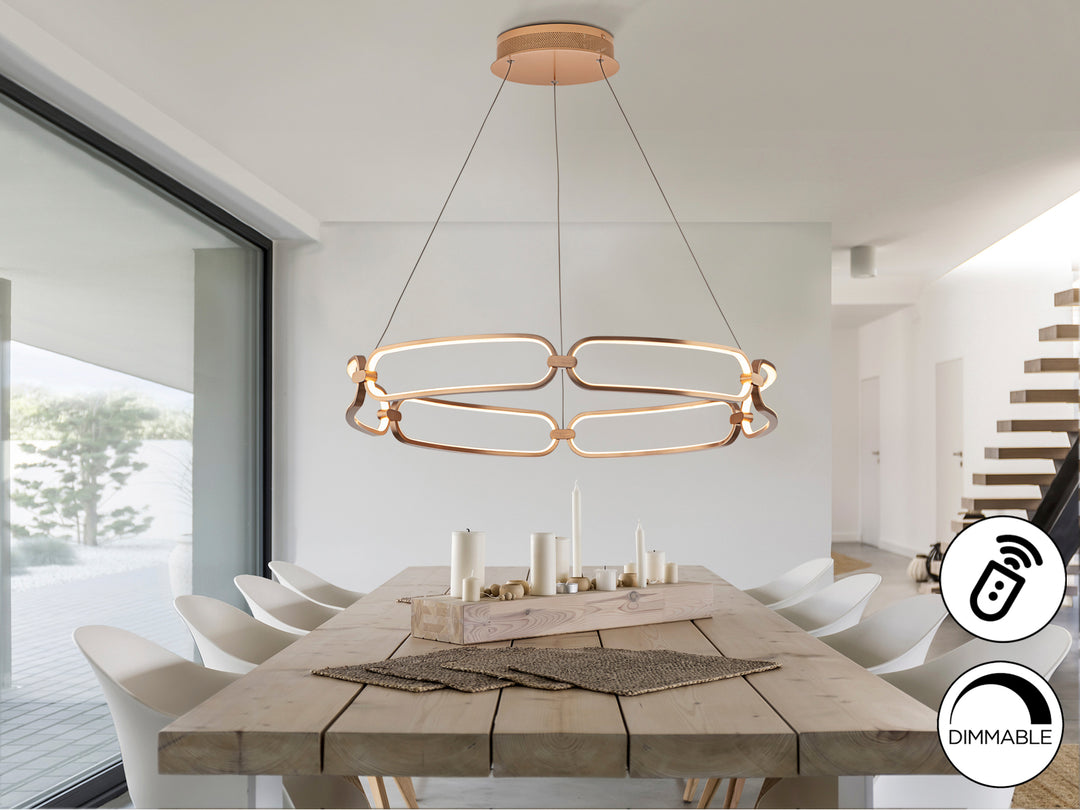 Lustră suspendată Schuller Colette LED Ø80 cu disc orizontal amplu în finisaj rose gold periat — dimmable cu telecomandă și aplicație.