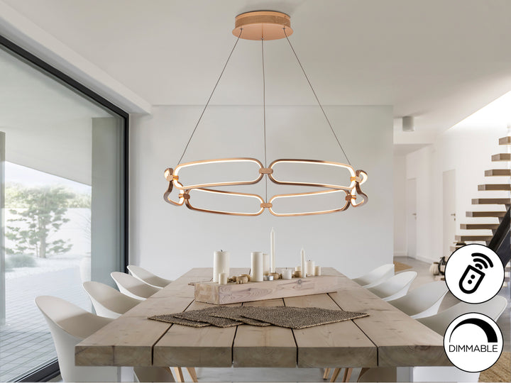 Lustră suspendată Schuller Colette LED Ø80 cu disc orizontal amplu în finisaj rose gold periat — dimmable cu telecomandă și aplicație.