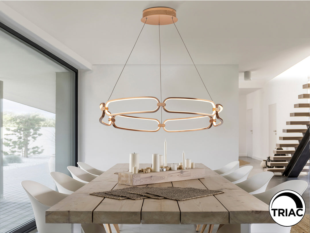 Lustră suspendată Schuller Colette LED Ø80 cu disc orizontal amplu în finisaj rose gold periat și difuzor din silicon opal.