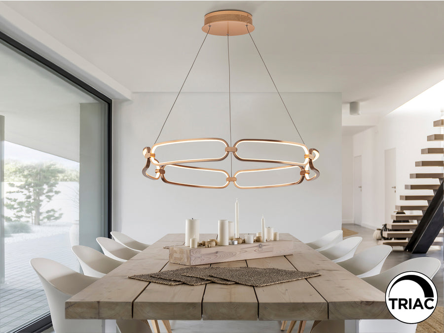 Lustră suspendată Schuller Colette LED Ø80 cu disc orizontal amplu în finisaj rose gold periat și difuzor din silicon opal.