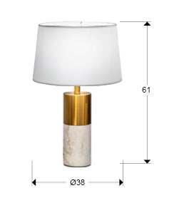 Veioză Schuller Lucian cu bază marmură albă, bronz satinat și abajur textil alb — H61 cm