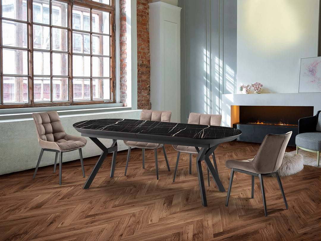Masă dining extensibilă Schuller Antea cu blat MDF în efect marmură neagră lucioasă, margini negre mat și structură metalică neagră — 205×103 cm.