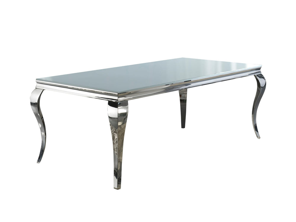 Masă dining Schuller Barroque 160 cu structură din oțel inoxidabil și blat dreptunghiular din sticlă securizată — 168×98 cm.