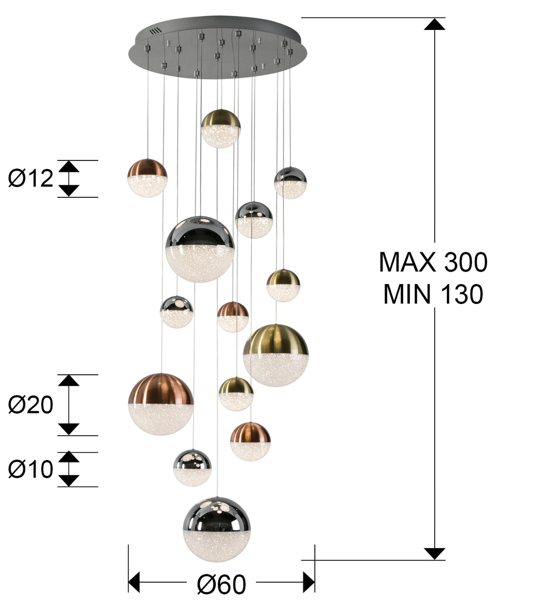 Lustra Schuller Sphere Mare 14 lumini cascadă 180 cm cromat-cupru-alama dimmable