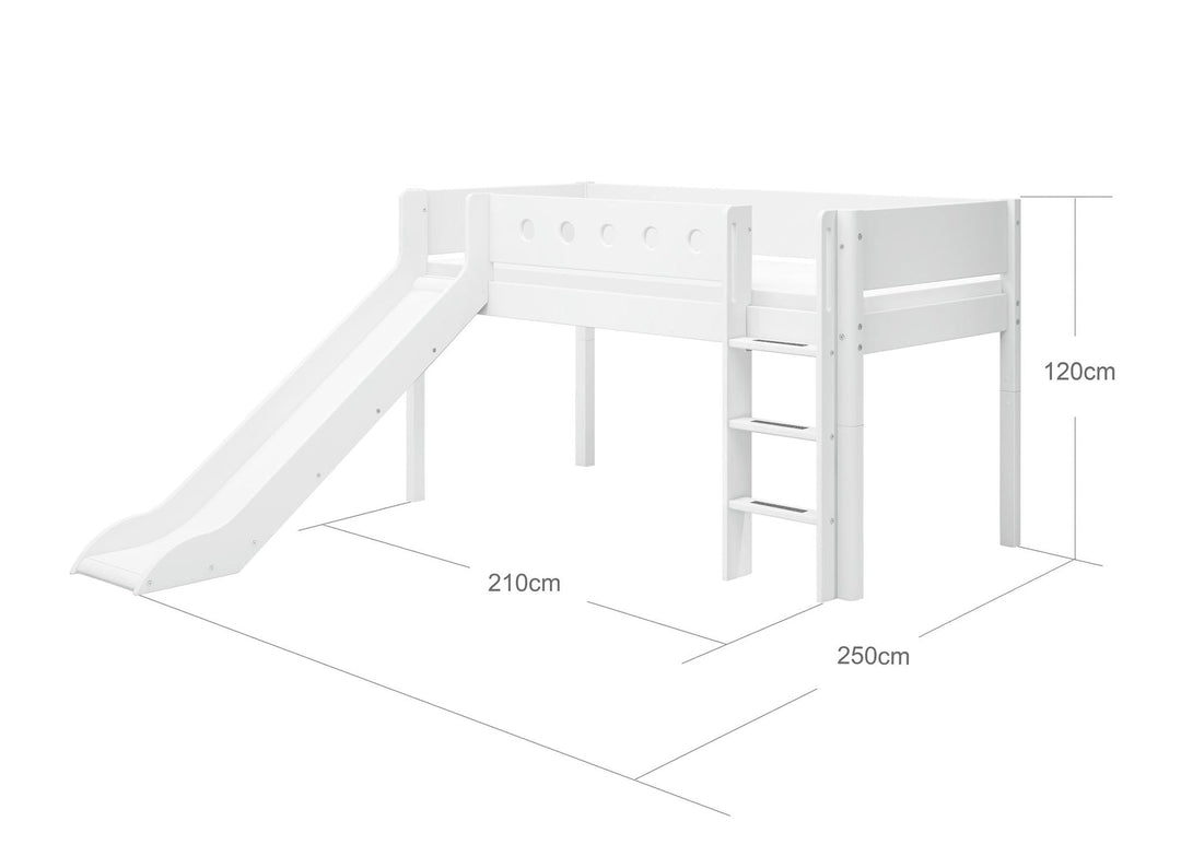 The Decorators: Pat inaltime 120 cm cu scara dreapta si tobogan Flexa White 90x200 cm