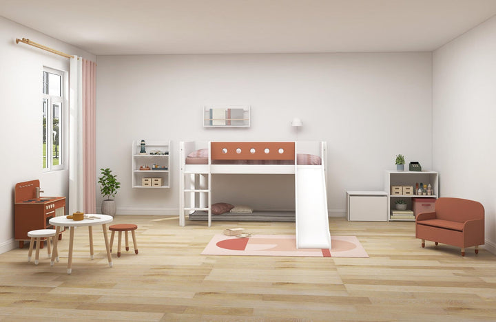 The Decorators: Pat inaltime 120 cm cu scara dreapta si tobogan Flexa White 90x200 cm