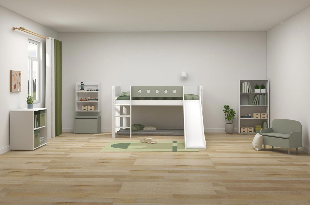 The Decorators: Pat inaltime 120 cm cu scara dreapta si tobogan Flexa White 90x200 cm