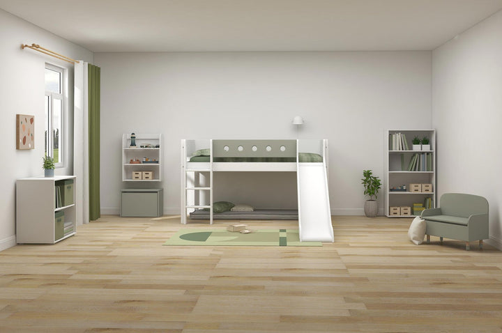 The Decorators: Pat inaltime 120 cm cu scara dreapta si tobogan Flexa White 90x200 cm
