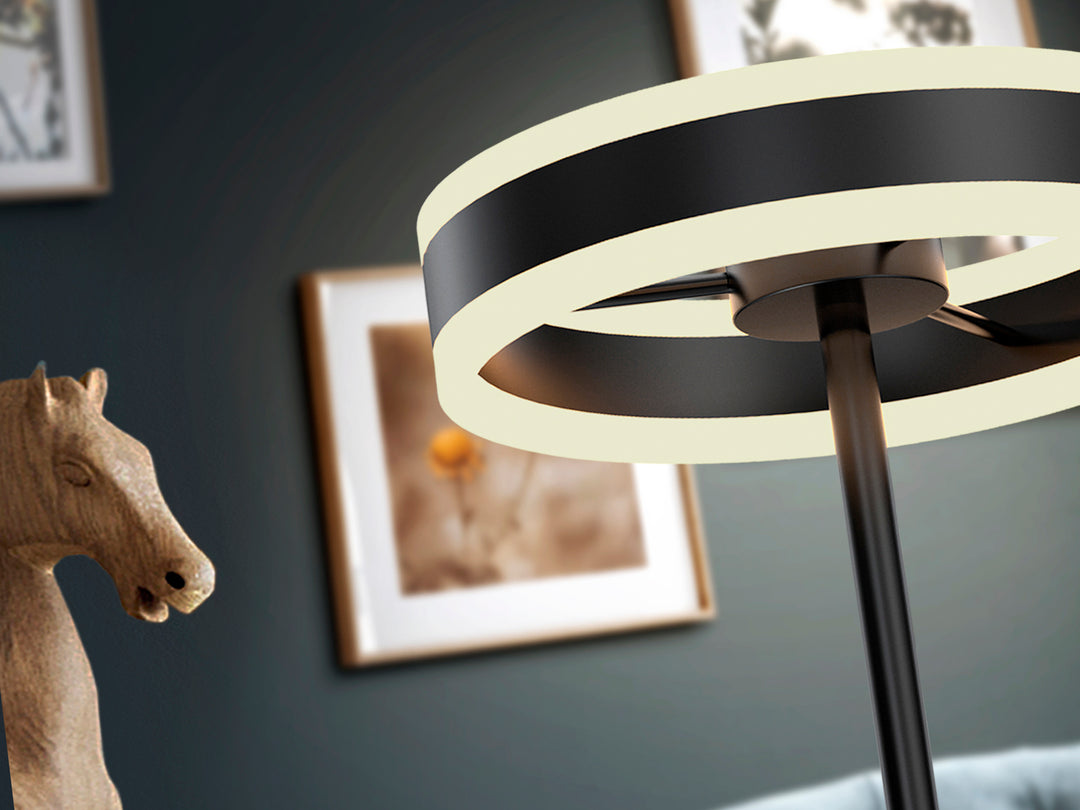 Veioză Schuller Helia cu inel LED și corp negru mat — H49 cm