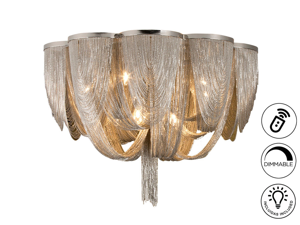 Plafonieră Schuller Minerva cu zece surse de lumină printr-o construcție din lanțuri metalice fine nichel — Ø68 cm, dimmable cu telecomandă.