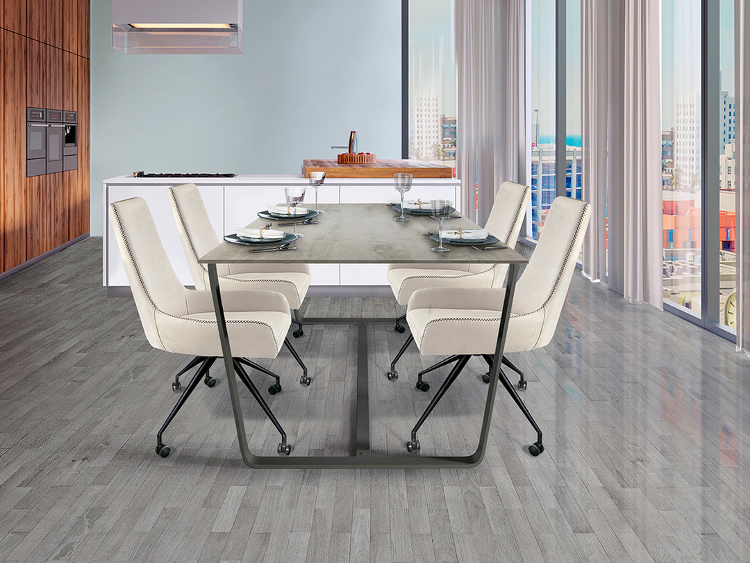 Scaun Schuller Diane cu roți, tapițerie alb cu cusături gri și picioare metal negru — 53x88x55 cm
