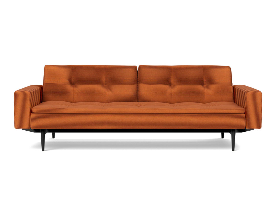 Canapea extensibila cu brate Dublexo Styletto Black Wood 115x210cm, tesatura la alegere #material_595-corduroy-burnt-orange
