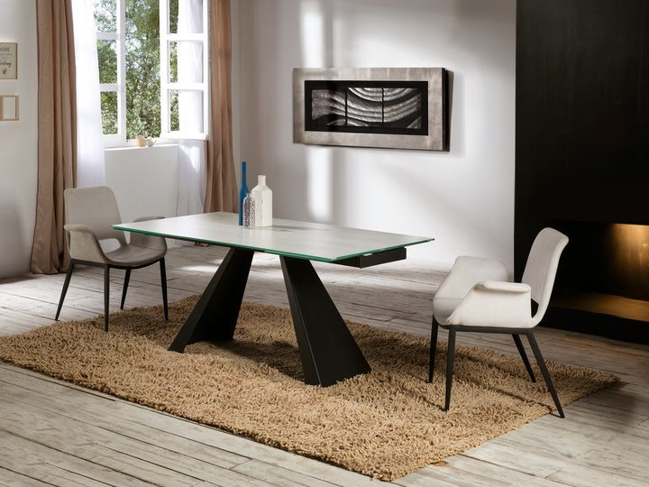 Masă dining extensibilă Schuller Alai cu blat sticlă cu textură marmură albă și structură neagră — 160-240 cm