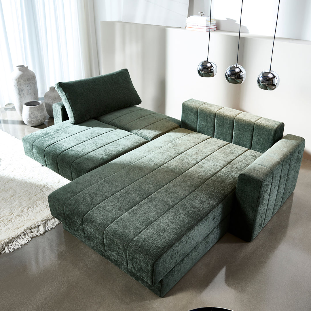 Canapea extensibila cu sezlong si brate, Akello, Avella Pine Green, 187x200 cm