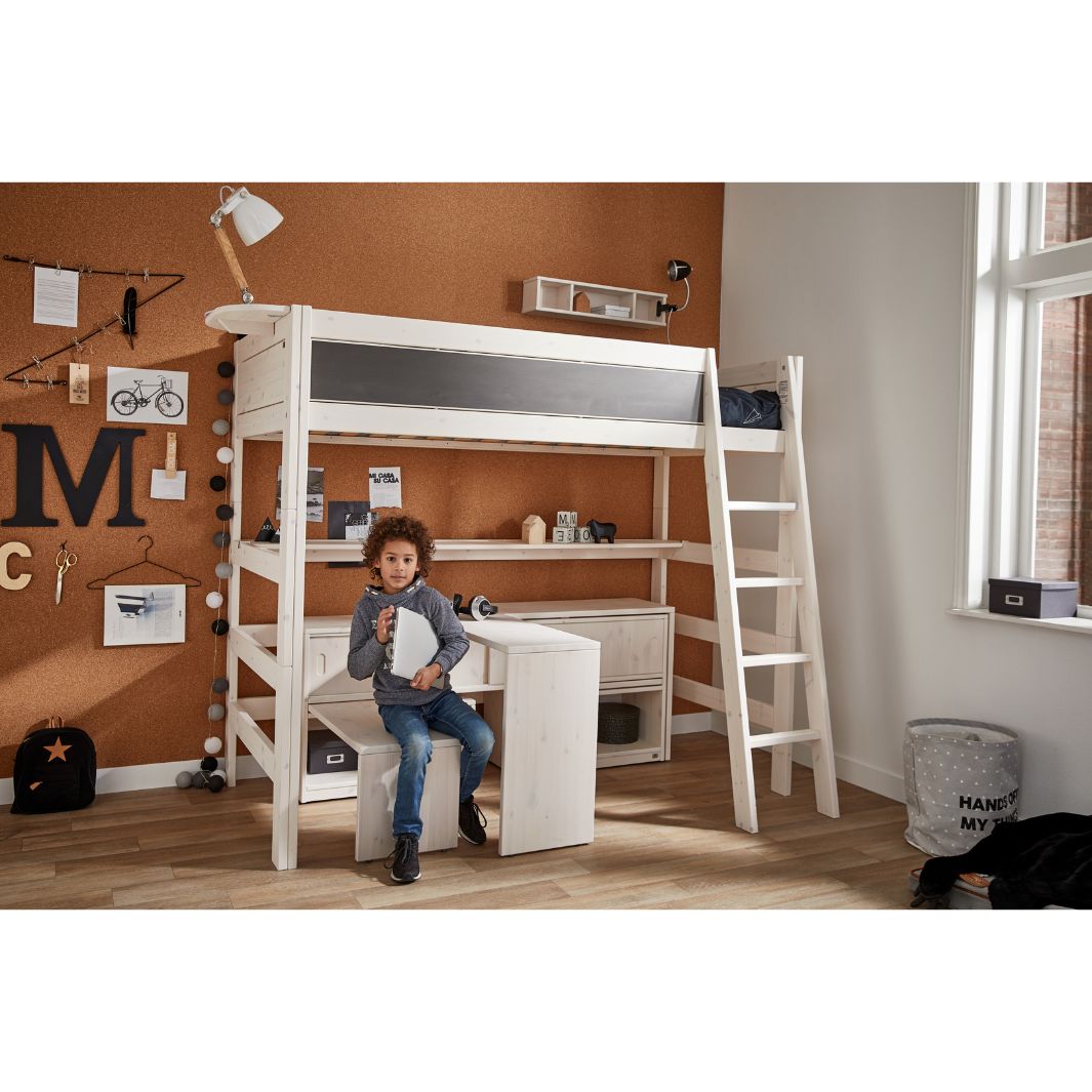 The Decorators: Birou copii transformabil, Play & Store, lemn de pin, white washed, 72x170x35/120 cm