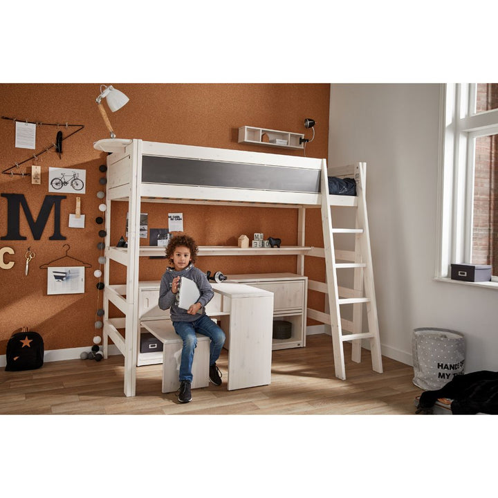 The Decorators: Birou copii transformabil, Play & Store, lemn de pin, white washed, 72x170x35/120 cm