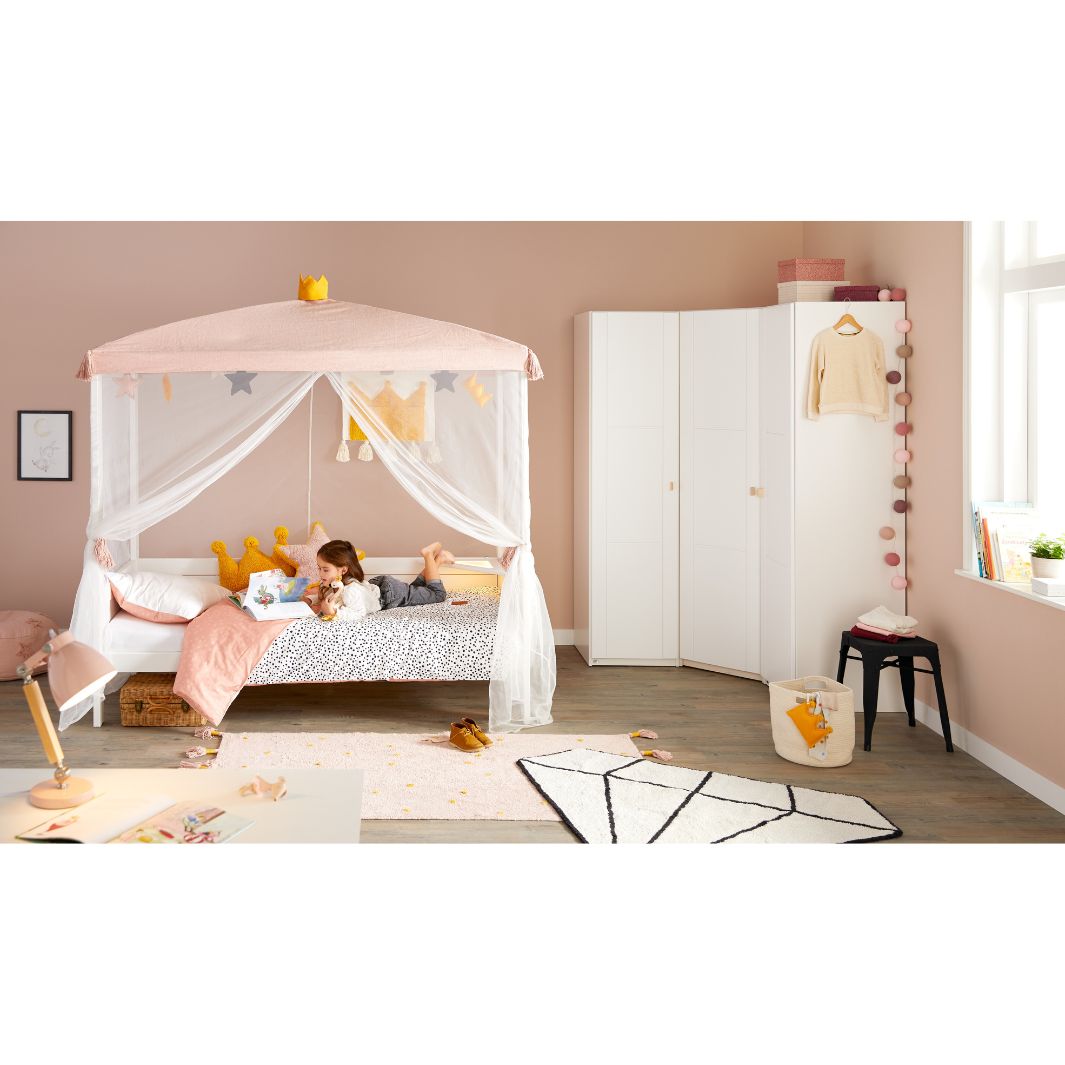 Baldachin pat copii, Princess, bumbac si poliester, alb-roz-galben, 225x 207x104 cm