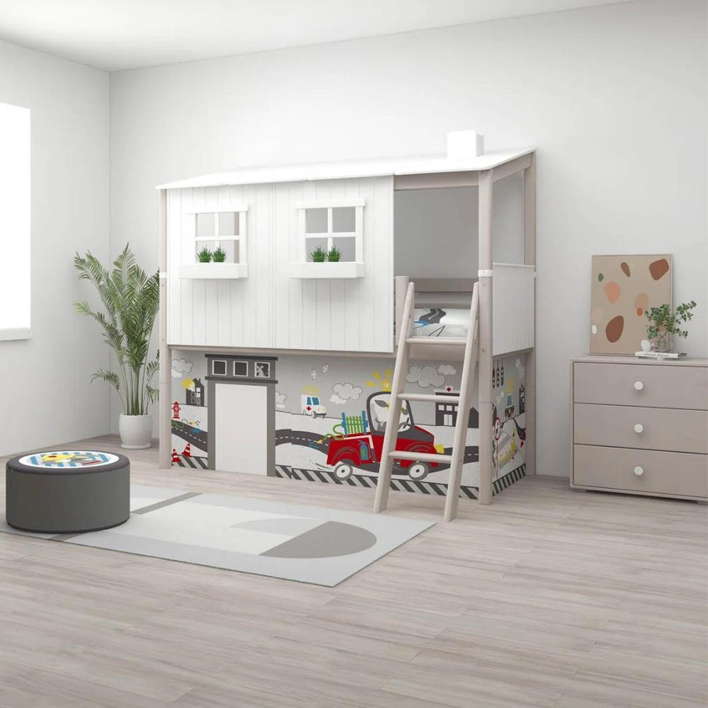 Pat semi-inalt casuta cu acoperis, Classic, MDF si lemn de pin, 90x190 cm