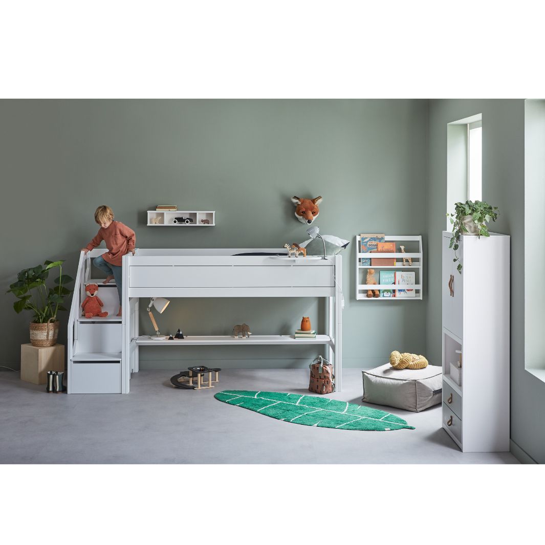 The Decorators: Pat semi-inalt cu scara laterala, lemn de pin, alb, 90x200 cm