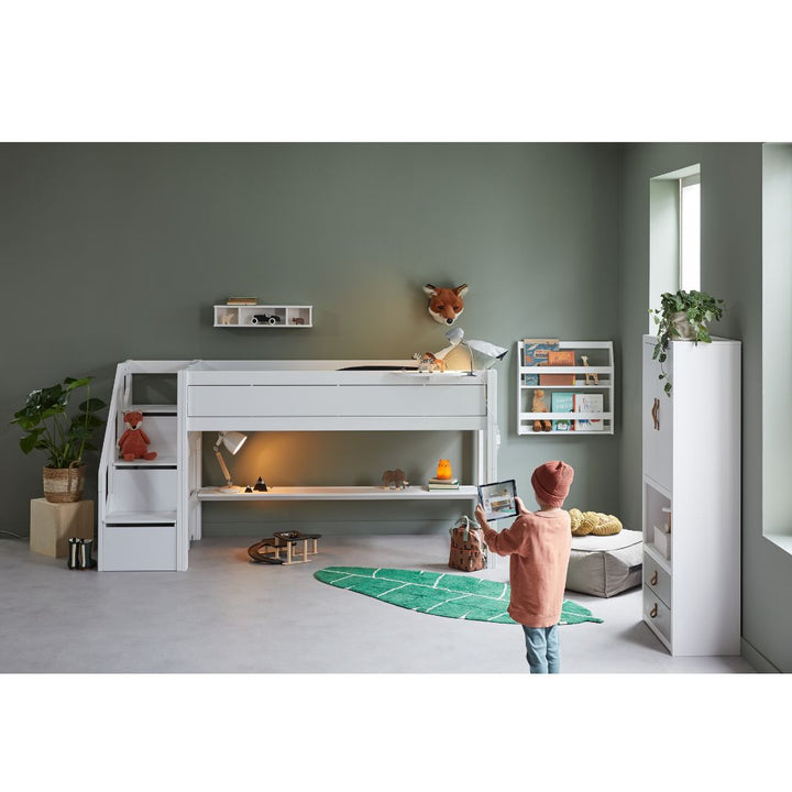 The Decorators: Pat semi-inalt cu scara laterala, lemn de pin, alb, 90x200 cm