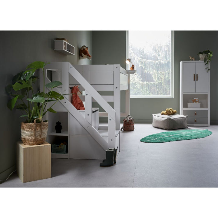 The Decorators: Pat semi-inalt cu scara laterala, lemn de pin, alb, 90x200 cm
