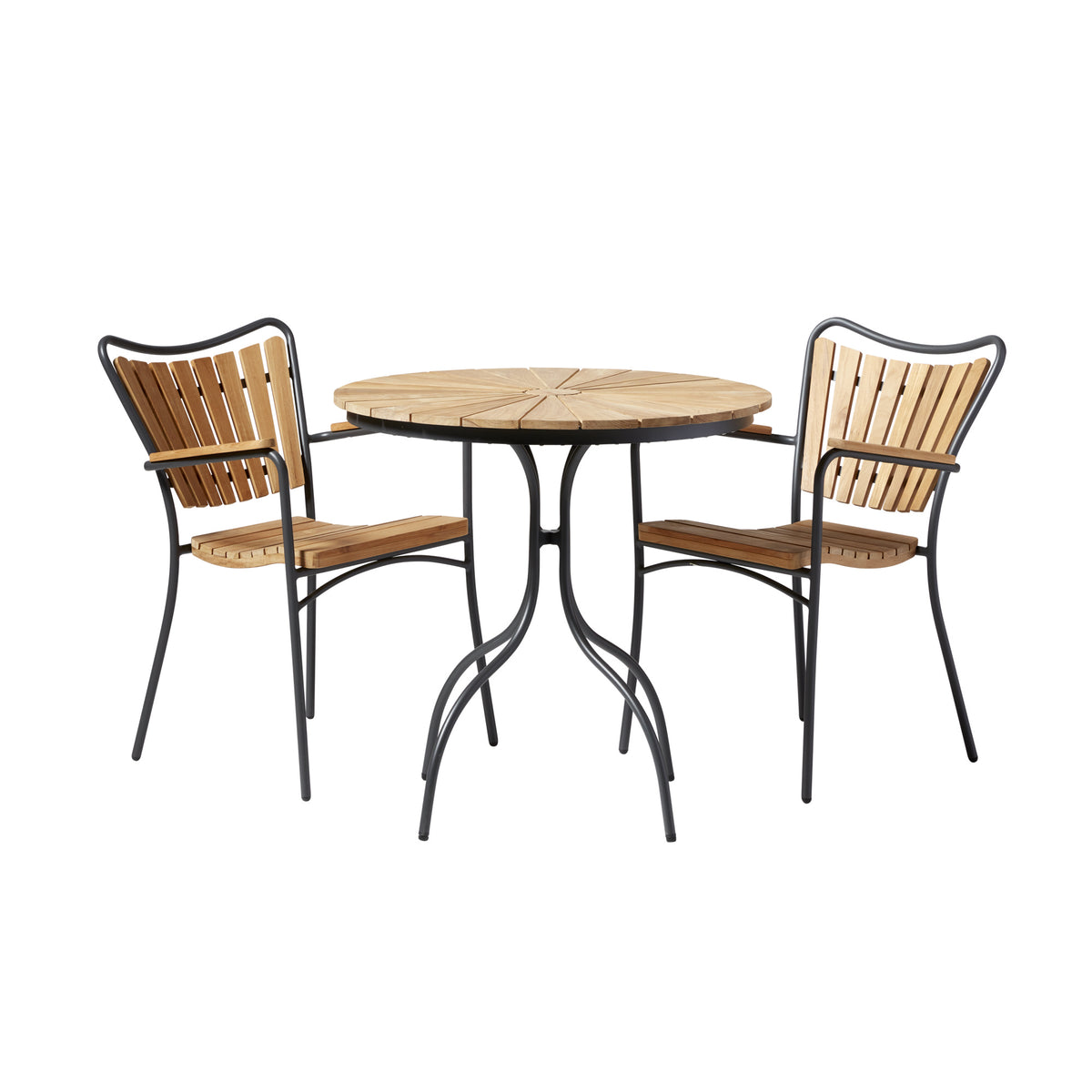 Set cafenea Ellen Cinas — masă rotundă din tec de 80 cm cu cadru antracit și două scaune Ellen.