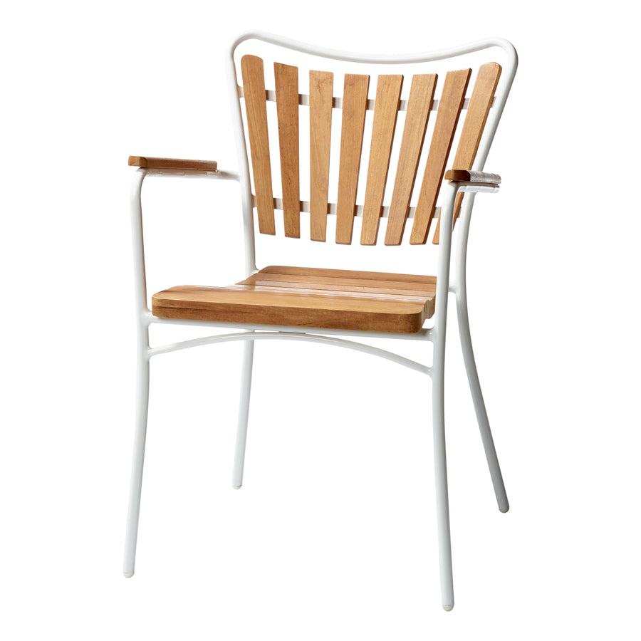 Set Ellen Cinas — masă rotundă din tec de 130 cm cu cadru alb și cinci scaune Ellen.