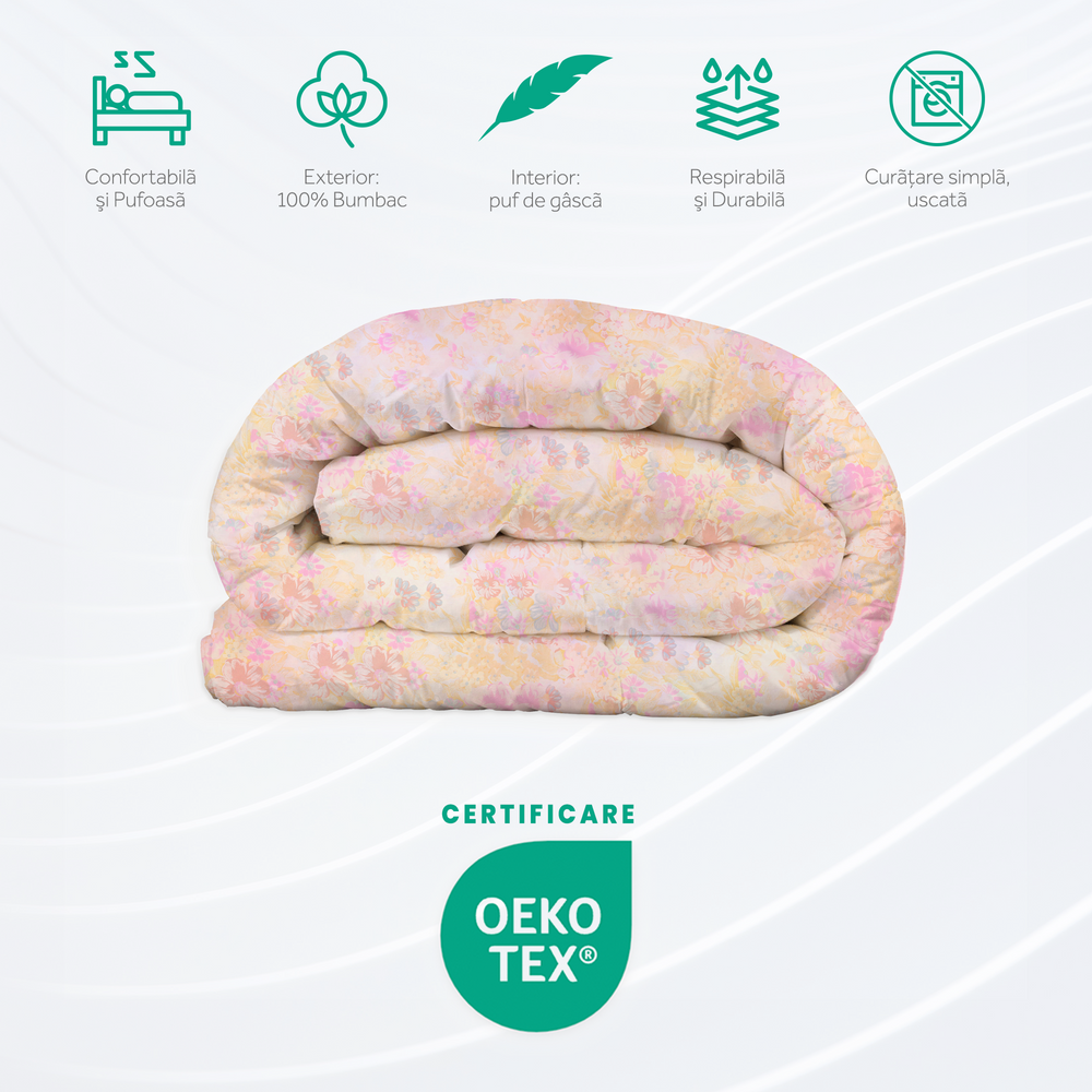 Pilota Iarna HappyNest, Model Inflorat Roz, cu 30% Puf de Gasca, Husa bumbac OEKO TEX HappyNest