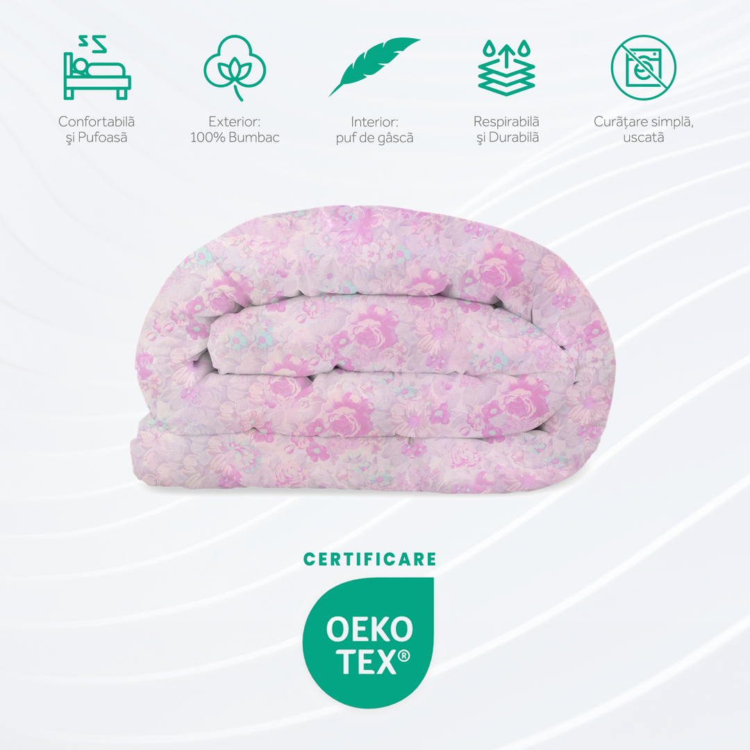 Pilota Iarna HappyNest, Model Inflorat Lila, cu 30% Puf de Gasca, Husa bumbac OEKO TEX HappyNest