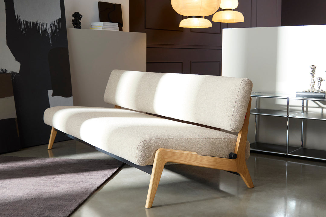 Canapea extensibilă Innovation Living Nolis, tapițerie 539 Bouclé Beige - fotografie de ambianță