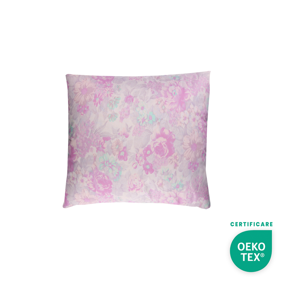 Perna Mica HappyNest, Model Înflorat Lila, 40/40 cm, cu 30% Puf de Gasca HappyNest