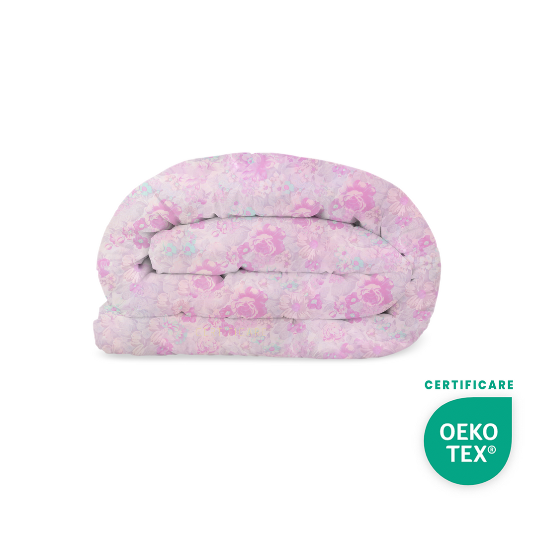Pilota Iarna HappyNest, Model Inflorat Lila, cu 30% Puf de Gasca, Husa bumbac OEKO TEX HappyNest