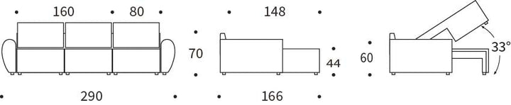 Canapea extensibila cu sezlong Norum cu brate rotunjite Esina Mocha 145x240cm
