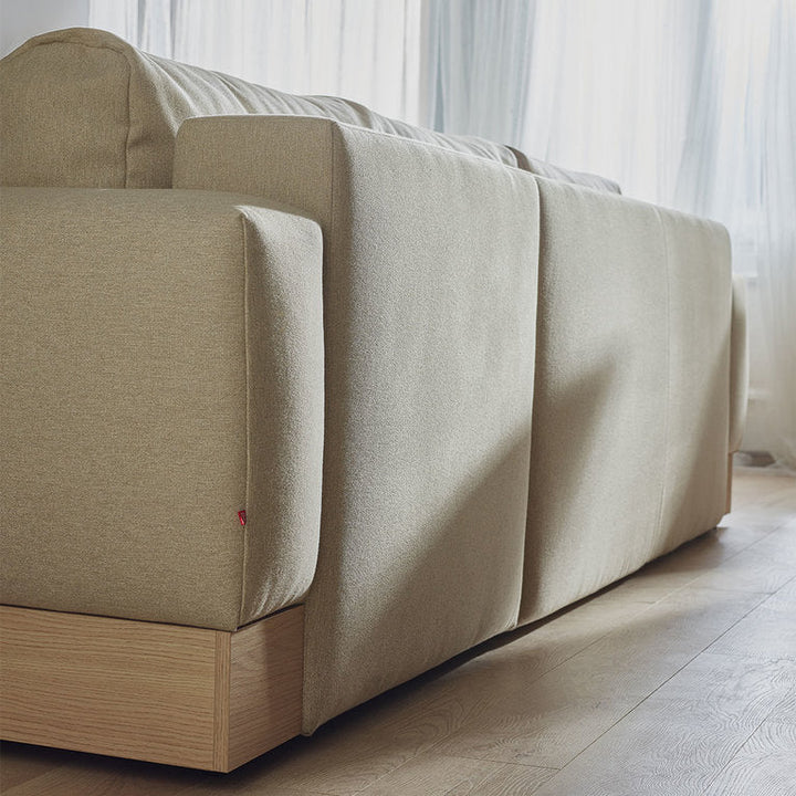 The Decorators: Canapea de colt 3 locuri extensibila 150x215 cm cu depozitare, sezlong pe partea stanga si banda decorativa din lemn VOX Stello, culoare/textura tapiterie la alegere