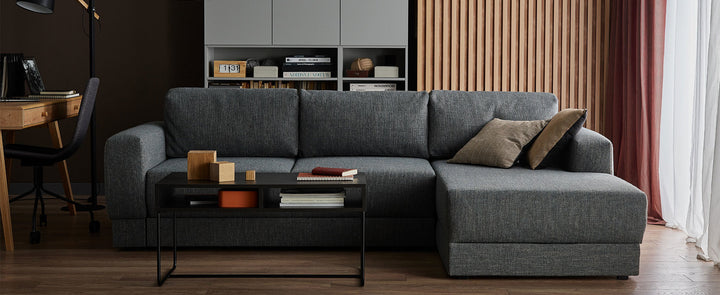 The Decorators: Canapea de colt 3 locuri extensibila cu depozitare si sezlong pe partea stanga VOX Stello, culoare/textura tapiterie la alegere