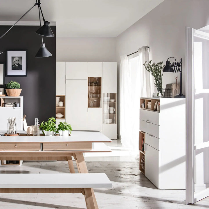 The Decorators: Bancheta din pal melaminat, alb/stejar, VOX 4 You 170x36x46 cm