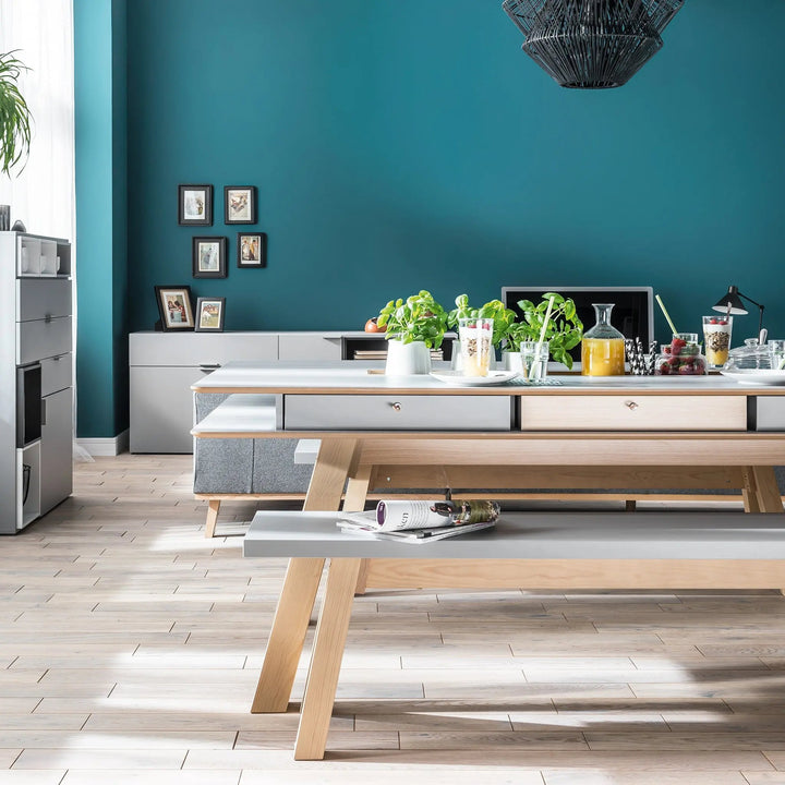 The Decorators: Bancheta din pal melaminat, alb/stejar, VOX 4 You 170x36x46 cm