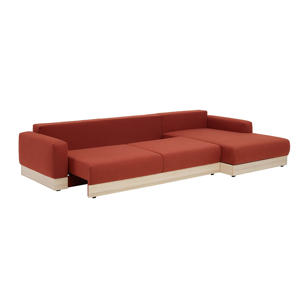 The Decorators: Canapea mare de colt 3 locuri extensibila 150x300 cm cu depozitare, sezlong pe partea stanga si banda decorativa din lemn VOX Stello, culoare/textura tapiterie la alegere